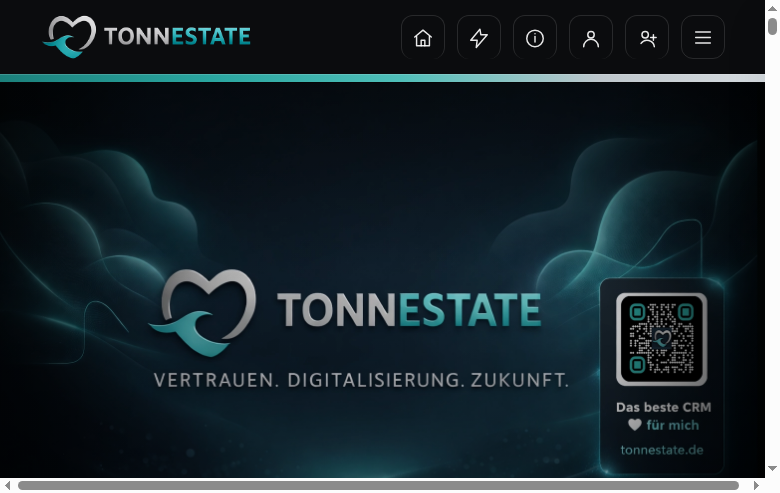 Echte TonnEstate-Frontend-Oberfläche mit TonnEstate-Logo, dunkler Arbeitsfläche und türkisen Akzenten