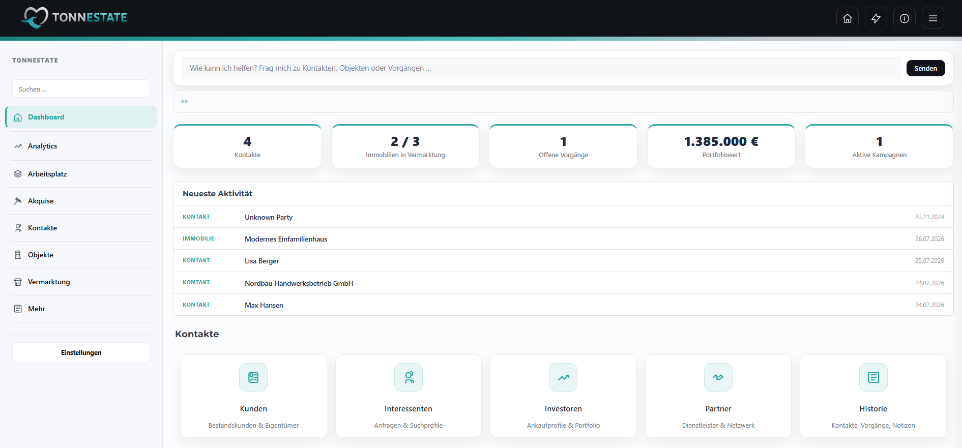 TonnEstate Dashboard mit Kontakten, Immobilien, Vorgängen und Aufgaben