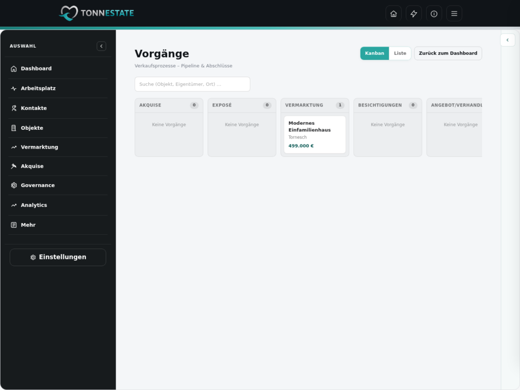 Vorgangs-Pipeline in TonnEstate: Kanban-Ansicht mit Akquise, Exposé, Vermarktung, Besichtigungen und Angebot/Verhandlung